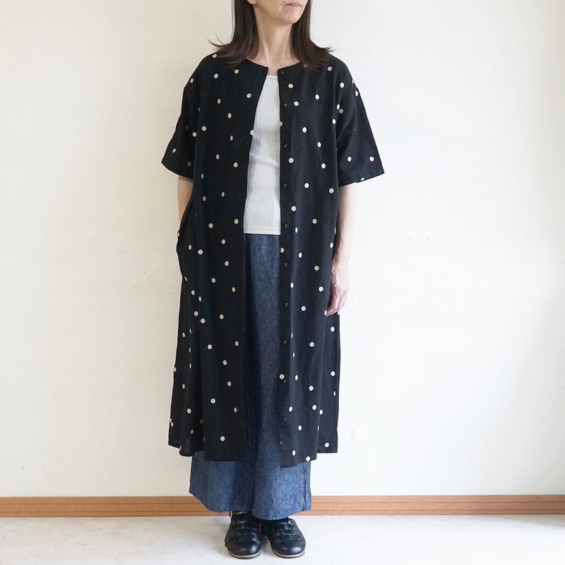Branch m‘.,ブランチエム,ナチュラル,30代,40代,50代,60代,コットンリネン,ゆったり,ワンピース,2way,2wayワンピース,５分袖,シャツワンピース,綿麻,半袖,刺繍,ドット刺繍,刺繍ワンピース,ドット柄,ドットワンピース
