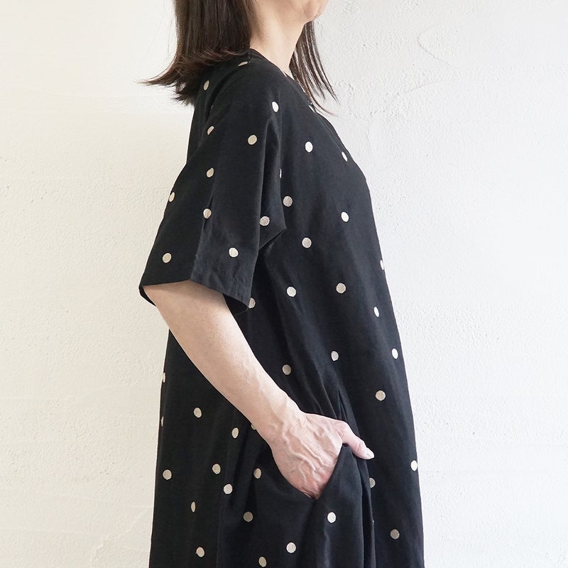 Branch m‘.,ブランチエム,ナチュラル,30代,40代,50代,60代,コットンリネン,ゆったり,ワンピース,2way,2wayワンピース,５分袖,シャツワンピース,綿麻,半袖,刺繍,ドット刺繍,刺繍ワンピース,ドット柄,ドットワンピース
