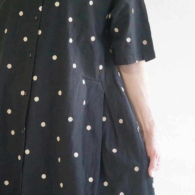 Branch m‘.,ブランチエム,ナチュラル,30代,40代,50代,60代,コットンリネン,ゆったり,ワンピース,2way,2wayワンピース,５分袖,シャツワンピース,綿麻,半袖,刺繍,ドット刺繍,刺繍ワンピース,ドット柄,ドットワンピース