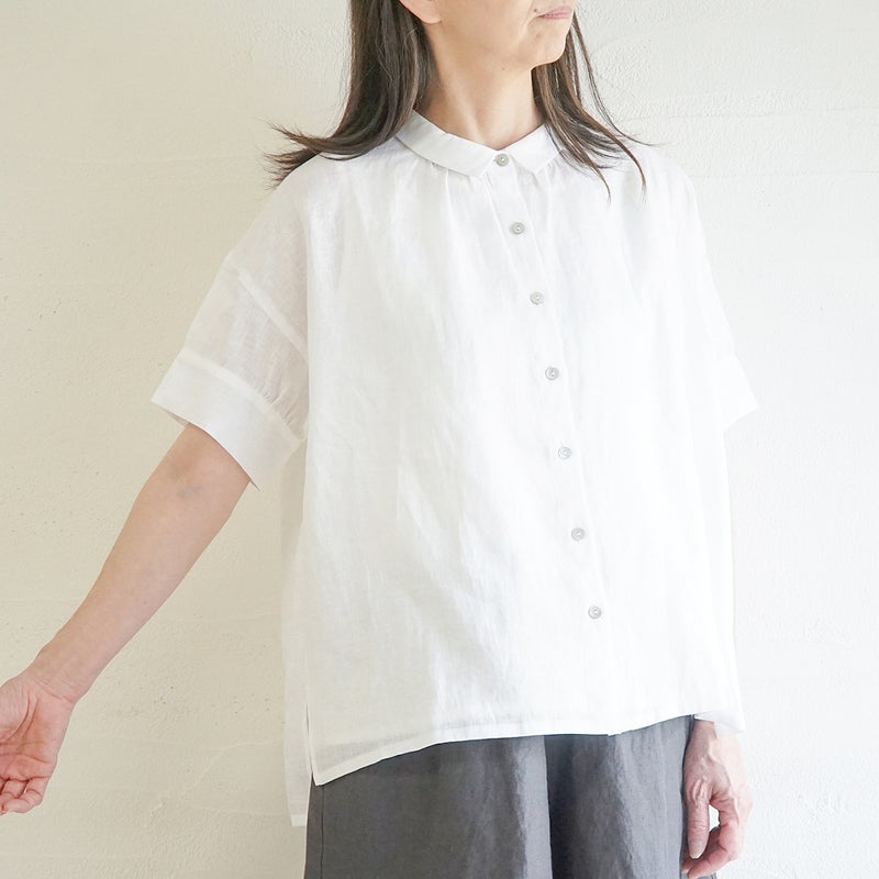 Branch m‘.,ブランチエム,ナチュラル,30代,40代,50代,60代,リネン,ゆったり,麻,ブラウス,リネンブラウス,カフスブラウス,衿,半袖ブラウス,半袖シャツ,リネンシャツ