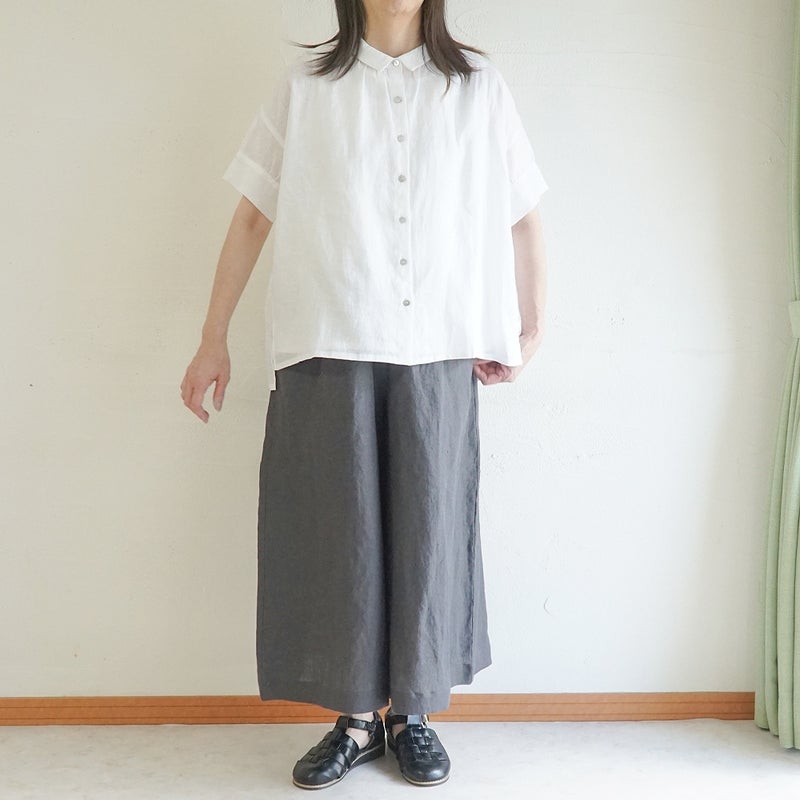 Branch m‘.,ブランチエム,ナチュラル,30代,40代,50代,60代,リネン,ゆったり,麻,ブラウス,リネンブラウス,カフスブラウス,衿,半袖ブラウス,半袖シャツ,リネンシャツ
