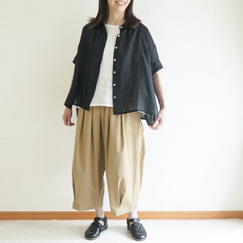 Branch m‘.,ブランチエム,ナチュラル,30代,40代,50代,60代,リネン,ゆったり,麻,ブラウス,リネンブラウス,カフスブラウス,衿,半袖ブラウス,半袖シャツ,リネンシャツ