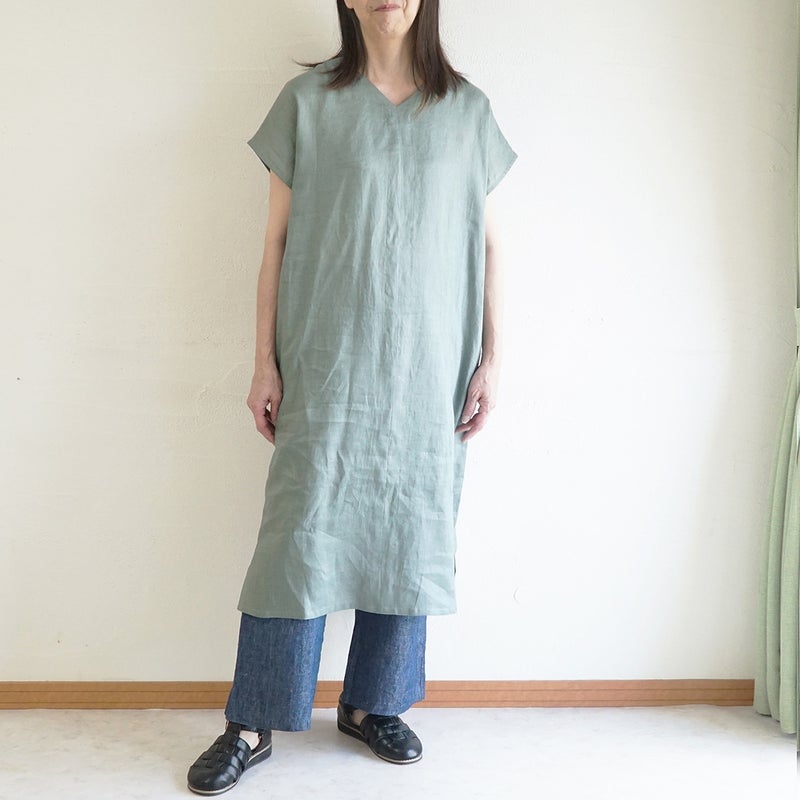 Branch m‘.,ブランチエム,ナチュラル,30代,40代,50代,60代,リネン,ゆったり,麻,ワンピース,リネンワンピース,半袖ワンピース,プルオーバーワンピース,Vネック