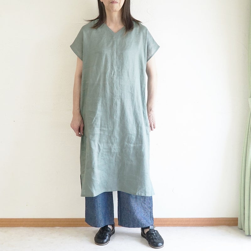 Branch m‘.,ブランチエム,ナチュラル,30代,40代,50代,60代,リネン,ゆったり,麻,ワンピース,リネンワンピース,半袖ワンピース,プルオーバーワンピース,Vネック