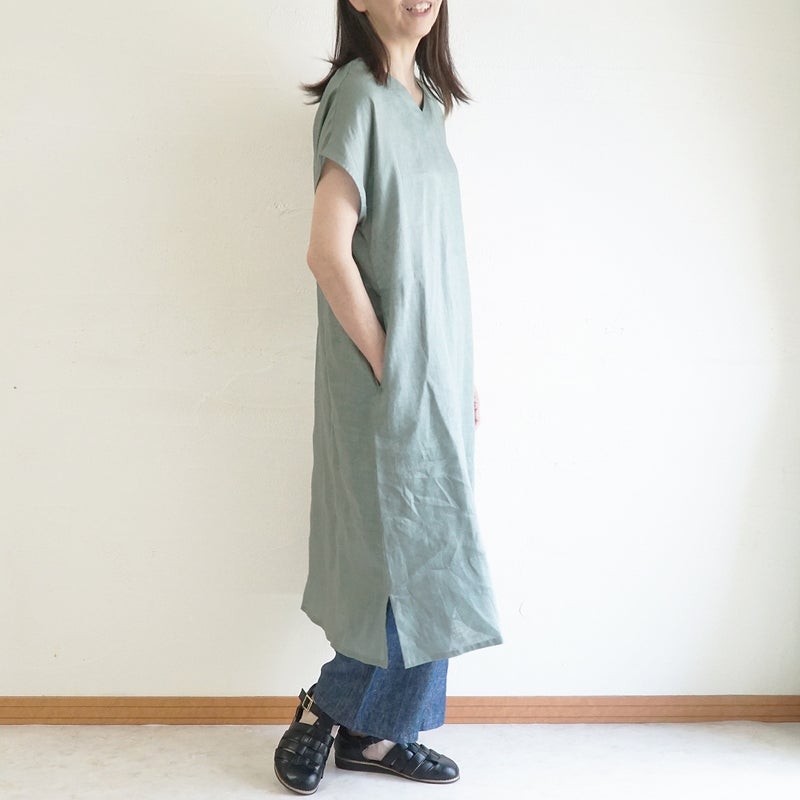 Branch m‘.,ブランチエム,ナチュラル,30代,40代,50代,60代,リネン,ゆったり,麻,ワンピース,リネンワンピース,半袖ワンピース,プルオーバーワンピース,Vネック