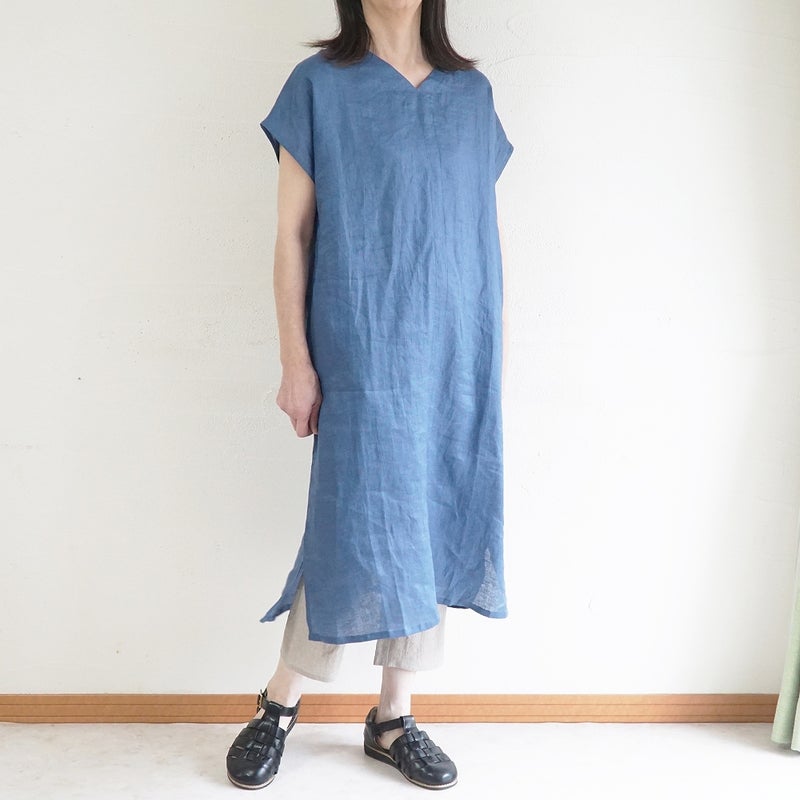 Branch m‘.,ブランチエム,ナチュラル,30代,40代,50代,60代,リネン,ゆったり,麻,ワンピース,リネンワンピース,半袖ワンピース,プルオーバーワンピース,Vネック
