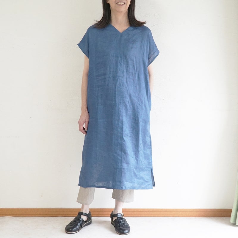 Branch m‘.,ブランチエム,ナチュラル,30代,40代,50代,60代,リネン,ゆったり,麻,ワンピース,リネンワンピース,半袖ワンピース,プルオーバーワンピース,Vネック