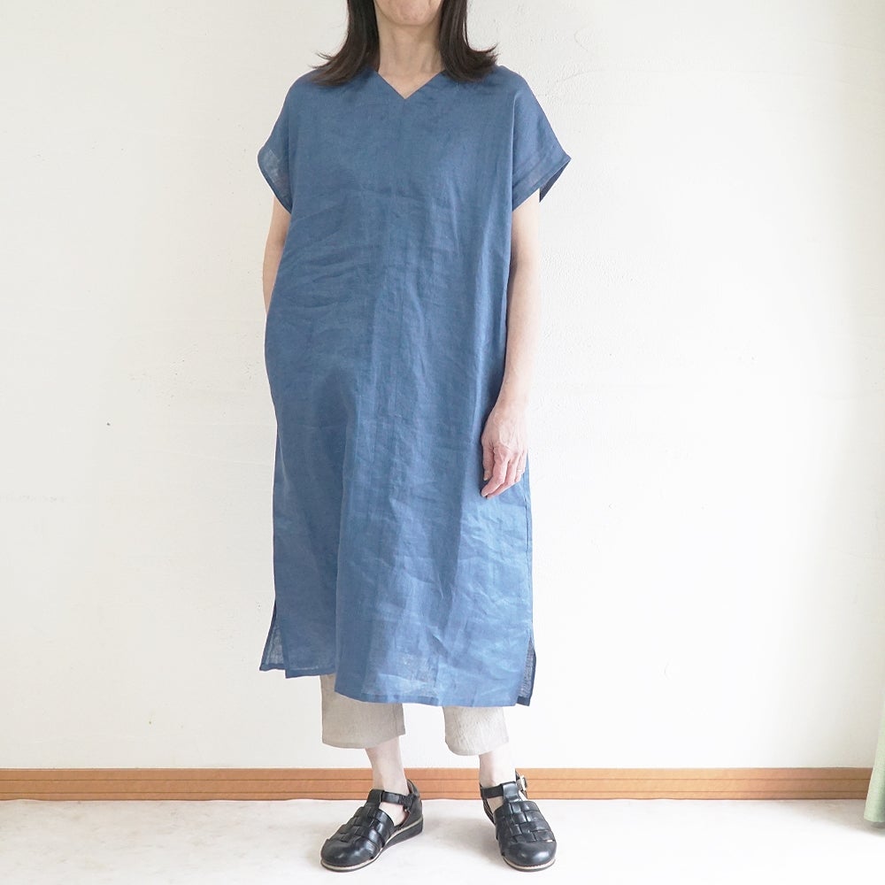Branch m‘.,ブランチエム,ナチュラル,30代,40代,50代,60代,リネン,ゆったり,麻,ワンピース,リネンワンピース,半袖ワンピース,プルオーバーワンピース,Vネック
