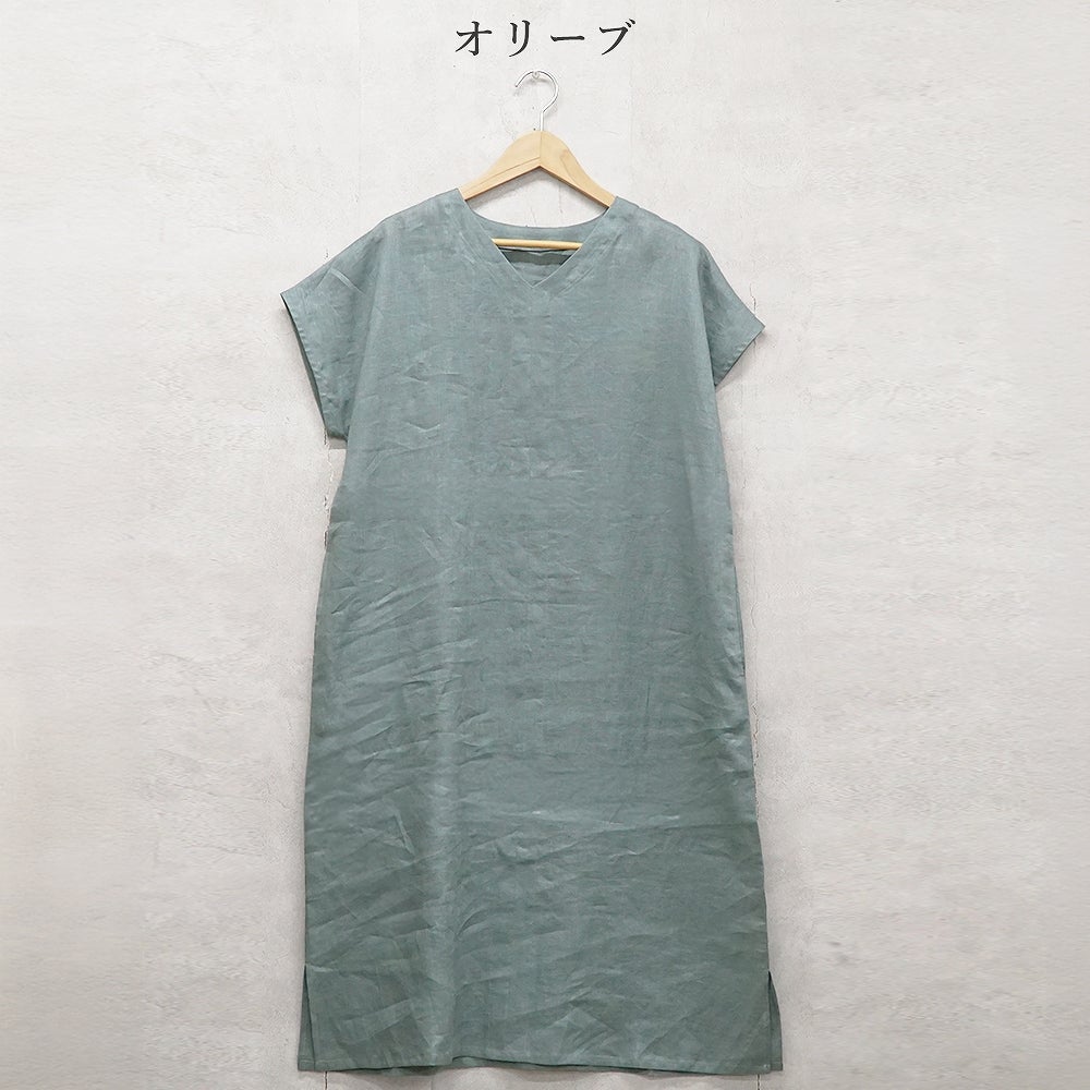 Branch m‘.,ブランチエム,ナチュラル,30代,40代,50代,60代,リネン,ゆったり,麻,ワンピース,リネンワンピース,半袖ワンピース,プルオーバーワンピース,Vネック