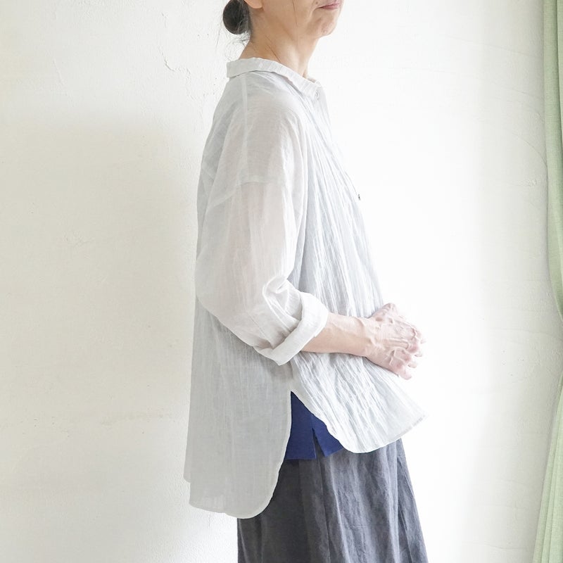 Branch m‘.,ブランチエム,ナチュラル,30代,40代,50代,60代,コットン,ゆったり,綿,シャツ,ブラウス,シャツブラウス,シアー,シアーシャツ,チビ衿,シアーブラウス,綿シャツ,綿ブラウス,コットンブラウス,コットンシャツ, 羽織,紫外線,紫外線対策,冷房,冷房対策,