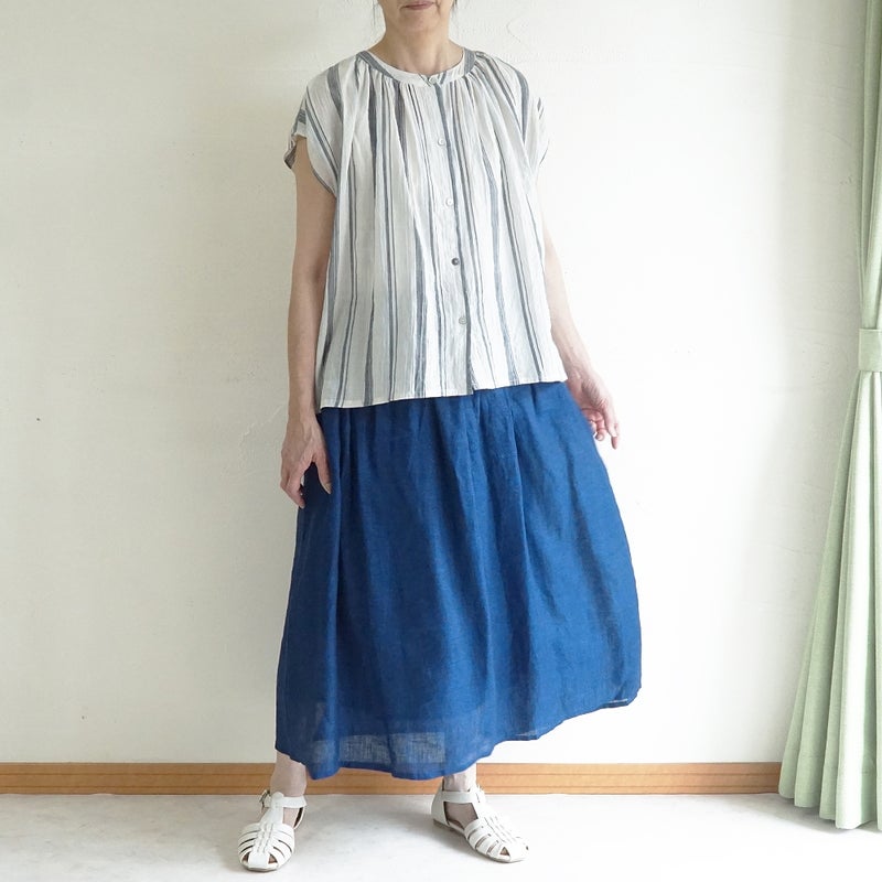 Branch m‘.,ブランチエム,ナチュラル,30代,40代,50代,60代,コットン,ゆったり,綿,シャツ,ブラウス,シャツブラウス,ストライプシャツ,ストライプブラウス,綿シャツ,綿ブラウス,コットンブラウス,コットンシャツ, フレンチスリーブ,フレンチスリーブブラウス,ノースリーブブラウス,バンドカラー,バンドカラーブラウス