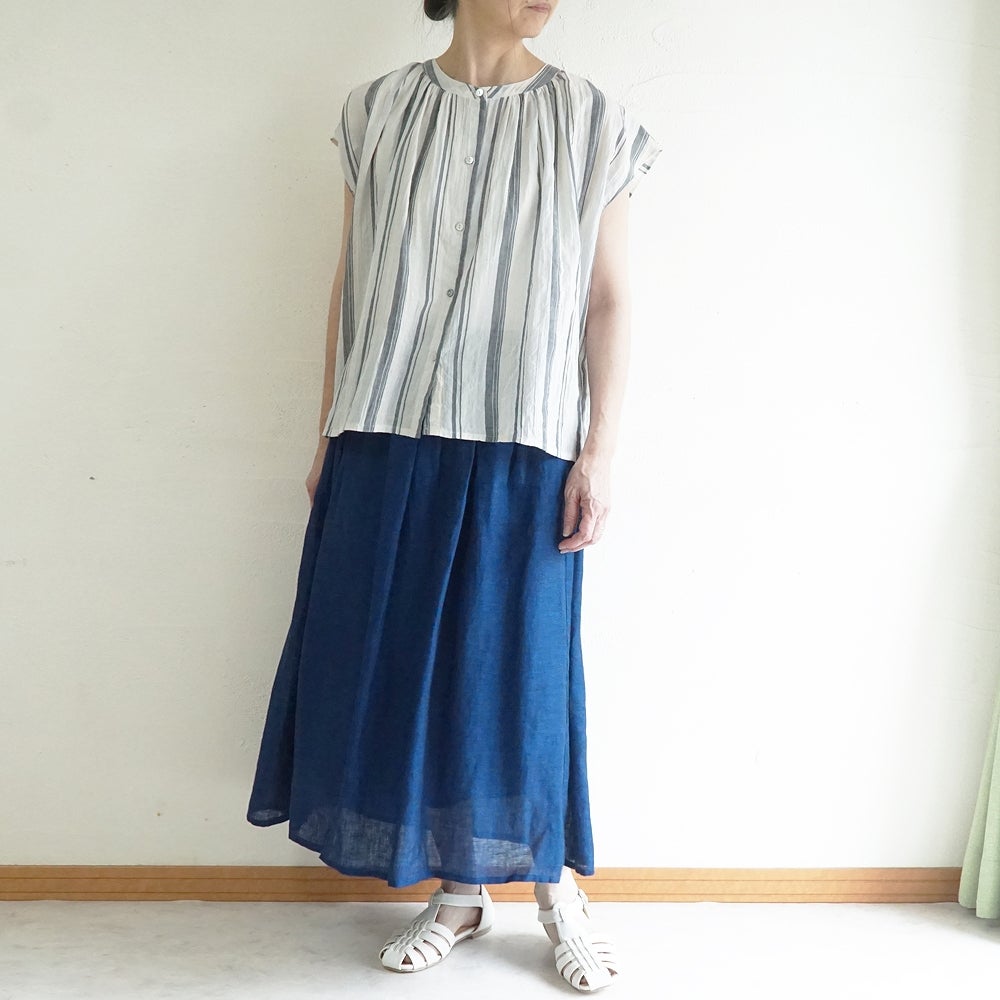 Branch m‘.,ブランチエム,ナチュラル,30代,40代,50代,60代,コットン,ゆったり,綿,シャツ,ブラウス,シャツブラウス,ストライプシャツ,ストライプブラウス,綿シャツ,綿ブラウス,コットンブラウス,コットンシャツ, フレンチスリーブ,フレンチスリーブブラウス,ノースリーブブラウス,バンドカラー,バンドカラーブラウス