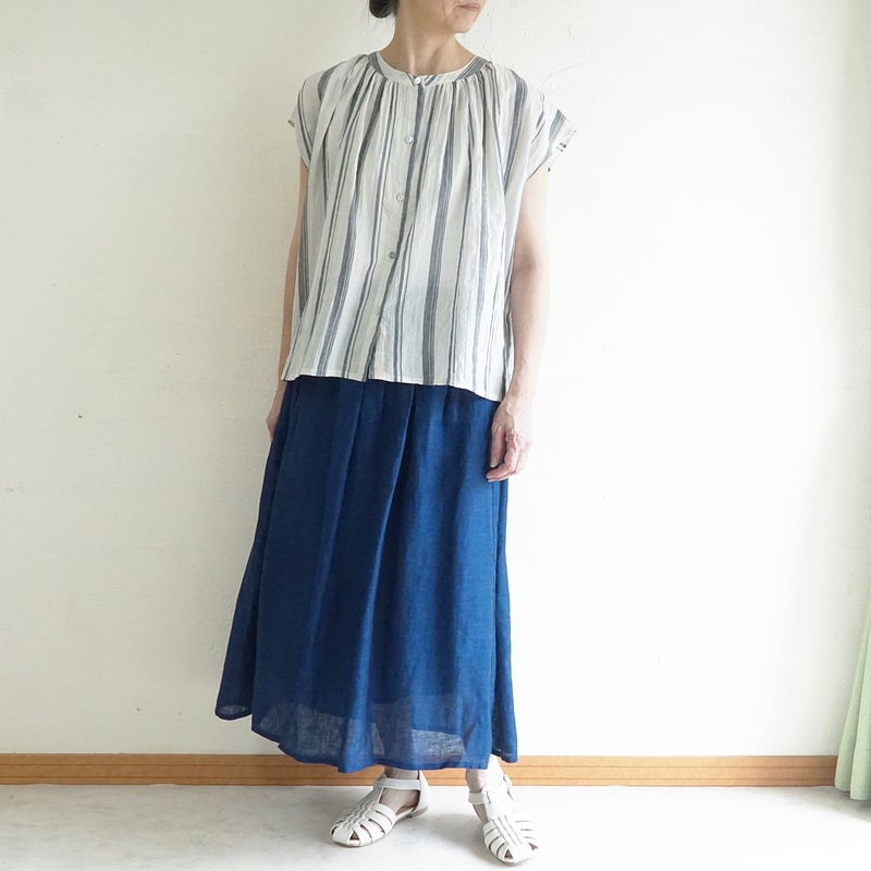 Branch m‘.,ブランチエム,ナチュラル,30代,40代,50代,60代,コットン,ゆったり,綿,シャツ,ブラウス,シャツブラウス,ストライプシャツ,ストライプブラウス,綿シャツ,綿ブラウス,コットンブラウス,コットンシャツ, フレンチスリーブ,フレンチスリーブブラウス,ノースリーブブラウス,バンドカラー,バンドカラーブラウス