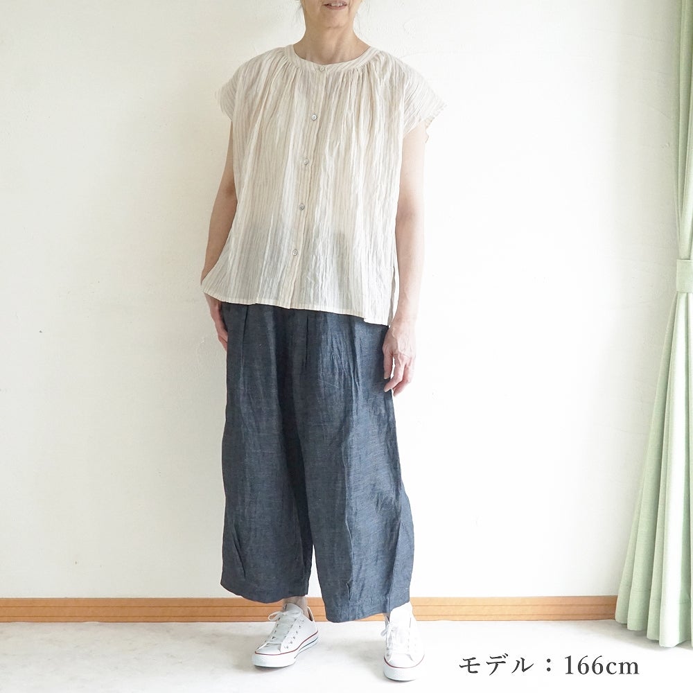 Branch m‘.,ブランチエム,ナチュラル,30代,40代,50代,60代,コットン,ゆったり,綿,シャツ,ブラウス,シャツブラウス,ストライプシャツ,ストライプブラウス,綿シャツ,綿ブラウス,コットンブラウス,コットンシャツ, フレンチスリーブ,フレンチスリーブブラウス,ノースリーブブラウス,バンドカラー,バンドカラーブラウス