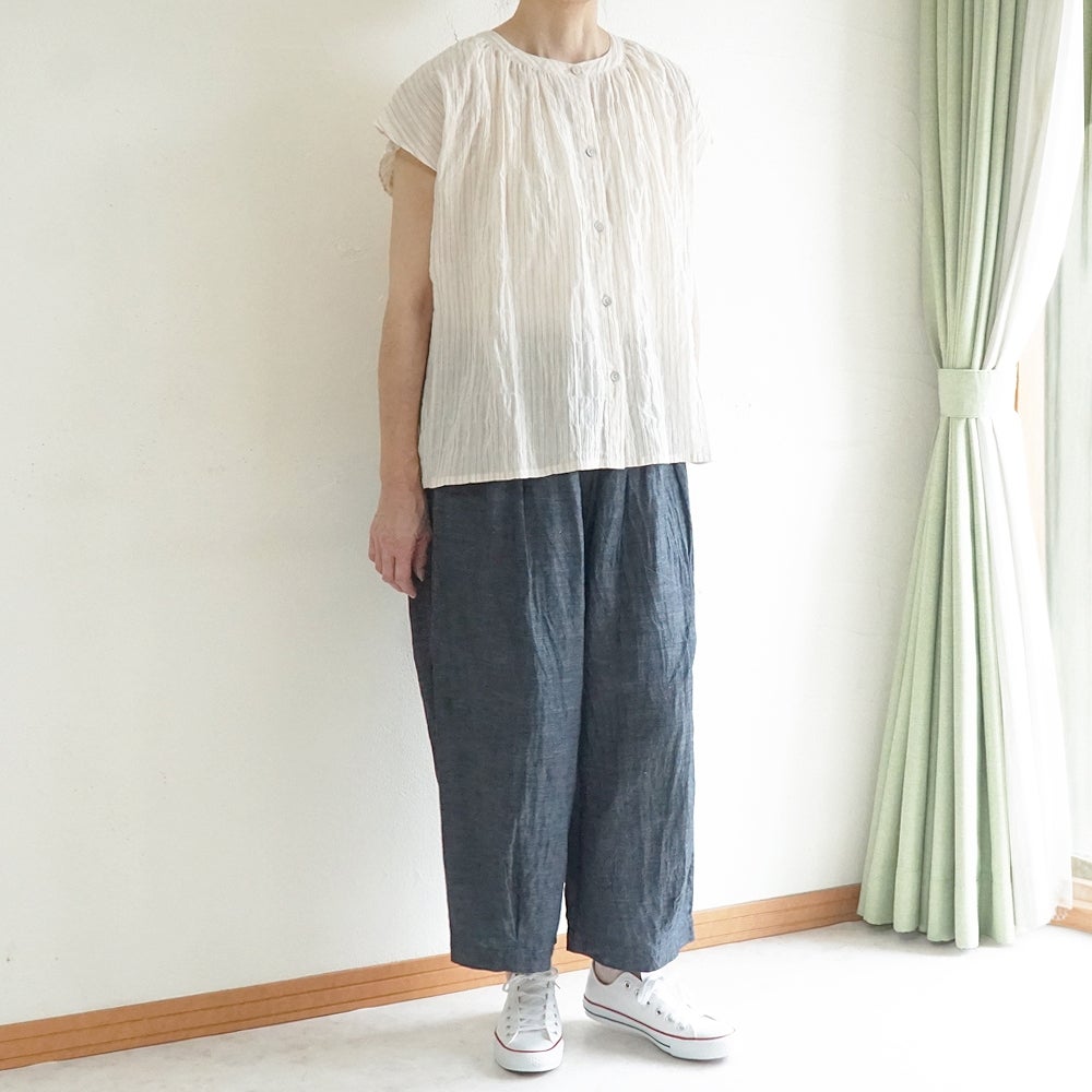 Branch m‘.,ブランチエム,ナチュラル,30代,40代,50代,60代,コットン,ゆったり,綿,シャツ,ブラウス,シャツブラウス,ストライプシャツ,ストライプブラウス,綿シャツ,綿ブラウス,コットンブラウス,コットンシャツ, フレンチスリーブ,フレンチスリーブブラウス,ノースリーブブラウス,バンドカラー,バンドカラーブラウス
