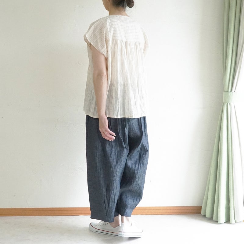 Branch m‘.,ブランチエム,ナチュラル,30代,40代,50代,60代,コットン,ゆったり,綿,シャツ,ブラウス,シャツブラウス,ストライプシャツ,ストライプブラウス,綿シャツ,綿ブラウス,コットンブラウス,コットンシャツ, フレンチスリーブ,フレンチスリーブブラウス,ノースリーブブラウス,バンドカラー,バンドカラーブラウス