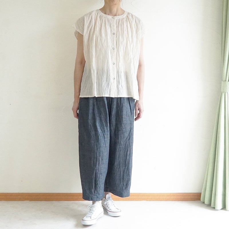 Branch m‘.,ブランチエム,ナチュラル,30代,40代,50代,60代,コットン,ゆったり,綿,シャツ,ブラウス,シャツブラウス,ストライプシャツ,ストライプブラウス,綿シャツ,綿ブラウス,コットンブラウス,コットンシャツ, フレンチスリーブ,フレンチスリーブブラウス,ノースリーブブラウス,バンドカラー,バンドカラーブラウス