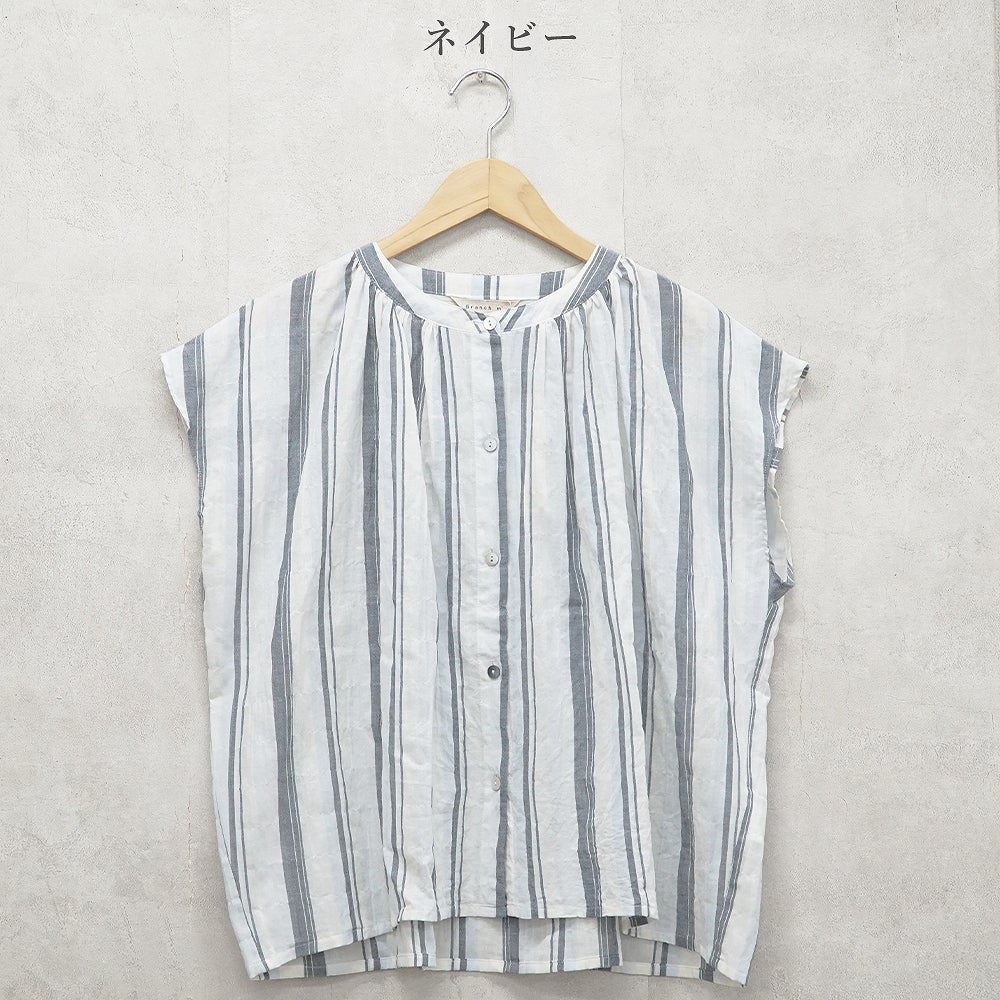 Branch m‘.,ブランチエム,ナチュラル,30代,40代,50代,60代,コットン,ゆったり,綿,シャツ,ブラウス,シャツブラウス,ストライプシャツ,ストライプブラウス,綿シャツ,綿ブラウス,コットンブラウス,コットンシャツ, フレンチスリーブ,フレンチスリーブブラウス,ノースリーブブラウス,バンドカラー,バンドカラーブラウス
