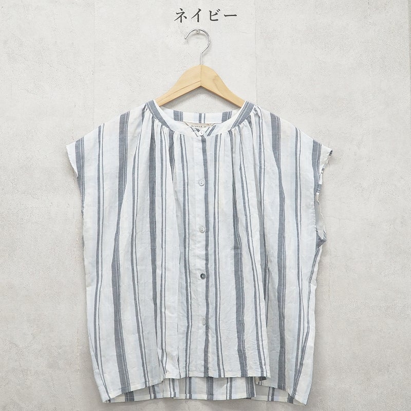 Branch m‘.,ブランチエム,ナチュラル,30代,40代,50代,60代,コットン,ゆったり,綿,シャツ,ブラウス,シャツブラウス,ストライプシャツ,ストライプブラウス,綿シャツ,綿ブラウス,コットンブラウス,コットンシャツ, フレンチスリーブ,フレンチスリーブブラウス,ノースリーブブラウス,バンドカラー,バンドカラーブラウス