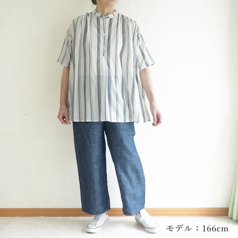 Branch m‘.,ブランチエム,ナチュラル,30代,40代,50代,60代,コットン,ゆったり,綿,シャツ,ブラウス,シャツブラウス,ストライプシャツ,ストライプブラウス,綿シャツ,綿ブラウス,コットンブラウス,コットンシャツ, ,ノースリーブブラウス,バンドカラー,バンドカラーブラウス,チュニック,チュニックブラウス