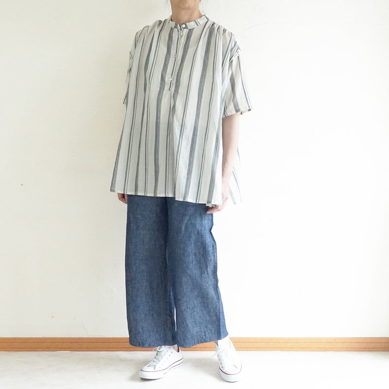 Branch m‘.,ブランチエム,ナチュラル,30代,40代,50代,60代,コットン,ゆったり,綿,シャツ,ブラウス,シャツブラウス,ストライプシャツ,ストライプブラウス,綿シャツ,綿ブラウス,コットンブラウス,コットンシャツ, ,ノースリーブブラウス,バンドカラー,バンドカラーブラウス,チュニック,チュニックブラウス