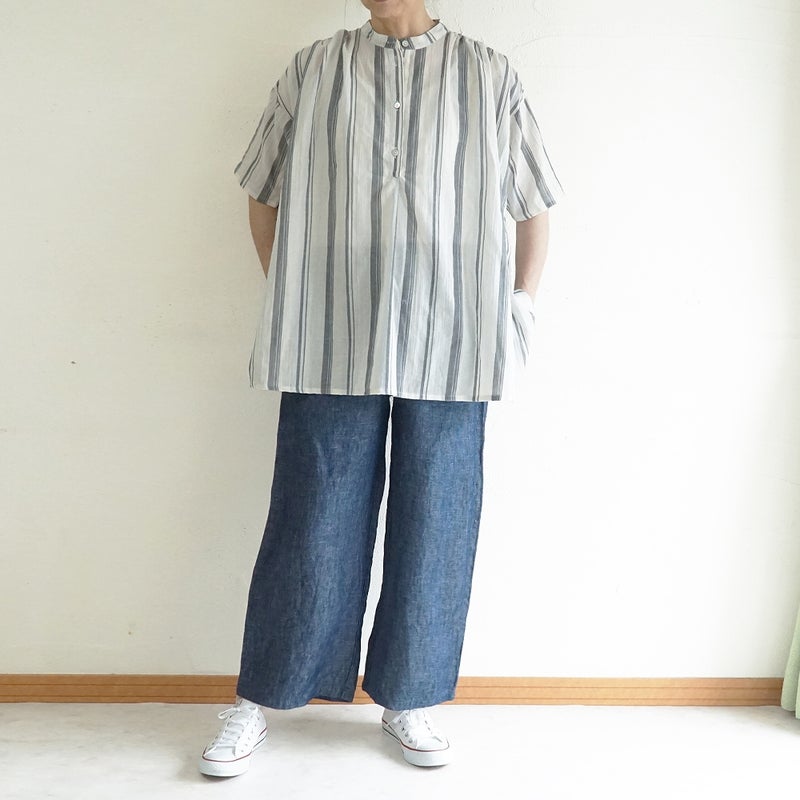 Branch m‘.,ブランチエム,ナチュラル,30代,40代,50代,60代,コットン,ゆったり,綿,シャツ,ブラウス,シャツブラウス,ストライプシャツ,ストライプブラウス,綿シャツ,綿ブラウス,コットンブラウス,コットンシャツ, ,ノースリーブブラウス,バンドカラー,バンドカラーブラウス,チュニック,チュニックブラウス