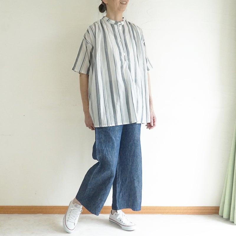 Branch m‘.,ブランチエム,ナチュラル,30代,40代,50代,60代,コットン,ゆったり,綿,シャツ,ブラウス,シャツブラウス,ストライプシャツ,ストライプブラウス,綿シャツ,綿ブラウス,コットンブラウス,コットンシャツ, ,ノースリーブブラウス,バンドカラー,バンドカラーブラウス,チュニック,チュニックブラウス