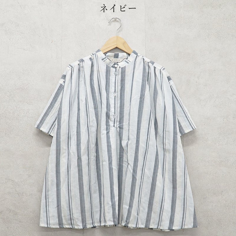 Branch m‘.,ブランチエム,ナチュラル,30代,40代,50代,60代,コットン,ゆったり,綿,シャツ,ブラウス,シャツブラウス,ストライプシャツ,ストライプブラウス,綿シャツ,綿ブラウス,コットンブラウス,コットンシャツ, ,ノースリーブブラウス,バンドカラー,バンドカラーブラウス,チュニック,チュニックブラウス