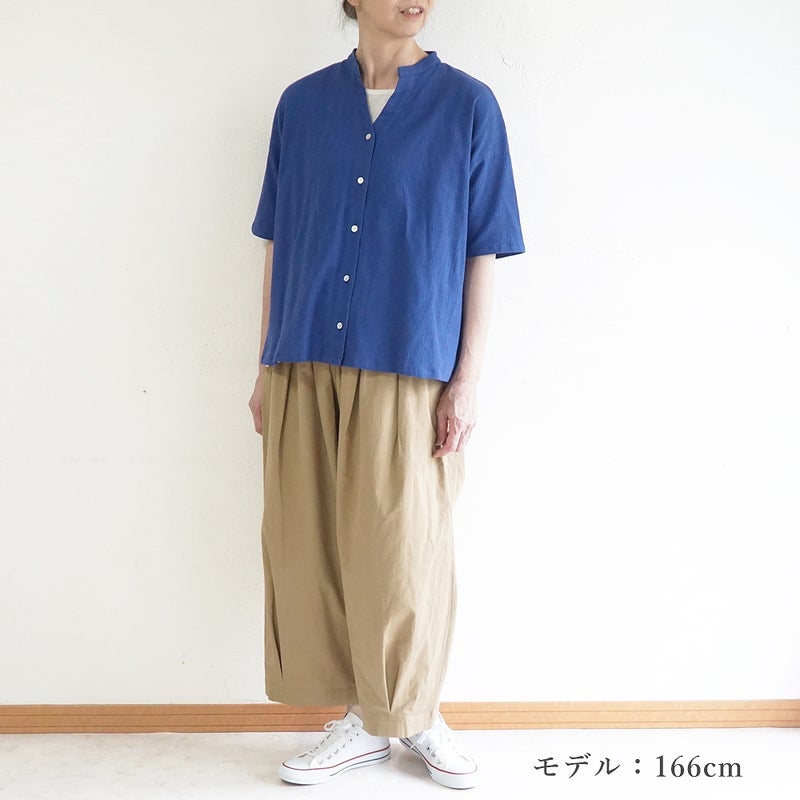 Branch m‘.,ブランチエム,ナチュラル,30代,40代,50代,60代,コットン,綿,ゆったり,ブラウス,半袖,シャツ,シャツブラウス,半袖シャツ,半袖ブラウス,キーネック,キーネックブラウス,キーネックシャツ,高島ちぢみ,楊柳,セットアップ