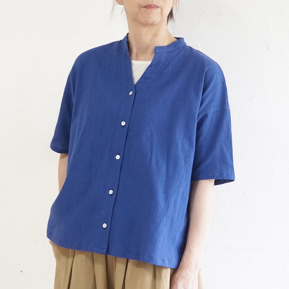 Branch m‘.,ブランチエム,ナチュラル,30代,40代,50代,60代,コットン,綿,ゆったり,ブラウス,半袖,シャツ,シャツブラウス,半袖シャツ,半袖ブラウス,キーネック,キーネックブラウス,キーネックシャツ,高島ちぢみ,楊柳,セットアップ