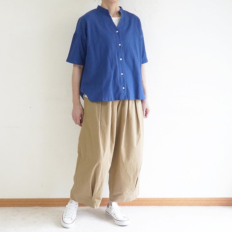 Branch m‘.,ブランチエム,ナチュラル,30代,40代,50代,60代,コットン,綿,ゆったり,ブラウス,半袖,シャツ,シャツブラウス,半袖シャツ,半袖ブラウス,キーネック,キーネックブラウス,キーネックシャツ,高島ちぢみ,楊柳,セットアップ