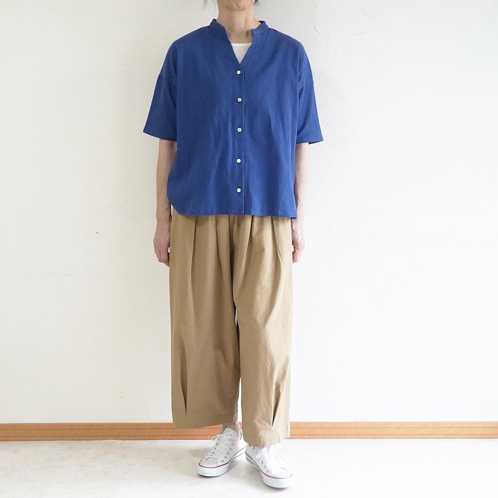 Branch m‘.,ブランチエム,ナチュラル,30代,40代,50代,60代,コットン,綿,ゆったり,ブラウス,半袖,シャツ,シャツブラウス,半袖シャツ,半袖ブラウス,キーネック,キーネックブラウス,キーネックシャツ,高島ちぢみ,楊柳,セットアップ