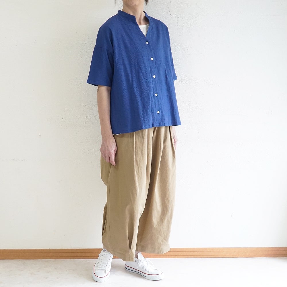 Branch m‘.,ブランチエム,ナチュラル,30代,40代,50代,60代,コットン,綿,ゆったり,ブラウス,半袖,シャツ,シャツブラウス,半袖シャツ,半袖ブラウス,キーネック,キーネックブラウス,キーネックシャツ,高島ちぢみ,楊柳,セットアップ