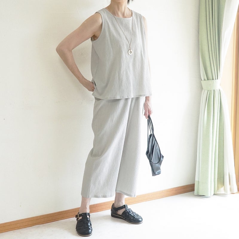 Branch m‘.,ブランチエム,ナチュラル,30代,40代,50代,60代,コットン,綿,ゆったり,パンツ,ワイドパンツ,ストレートパンツ,ぺチパンツ,高島ちぢみ,楊柳,セットアップ