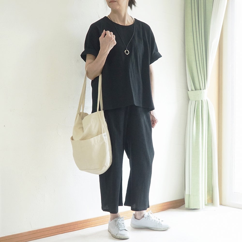Branch m‘.,ブランチエム,ナチュラル,30代,40代,50代,60代,コットン,綿,ゆったり,パンツ,ワイドパンツ,ストレートパンツ,ぺチパンツ,高島ちぢみ,楊柳,セットアップ