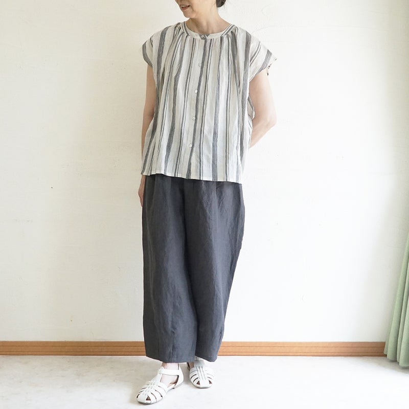 Branch m‘.,ブランチエム,ナチュラル,30代,40代,50代,60代,コーデセット,コーディネートセット,セット売り,ゆったり,コットン,フレンチスリーブブラウス,ブラウス,フレンチスリーブ,ストライプ,ストライプシャツ,ストライプブラウス, ,パンツ,リネン,リネンパンツ,コクーンパンツ,タックパンツ