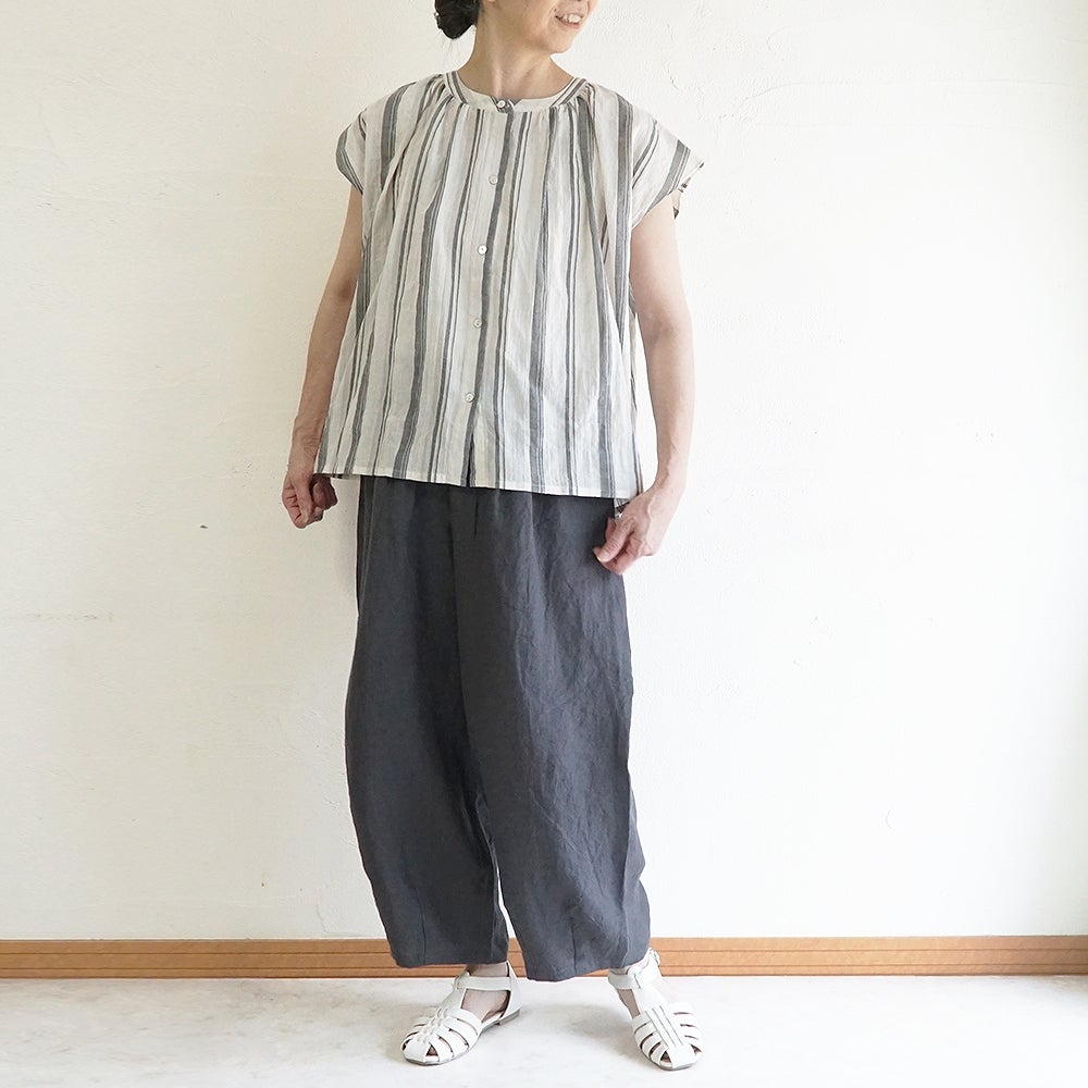 Branch m‘.,ブランチエム,ナチュラル,30代,40代,50代,60代,コーデセット,コーディネートセット,セット売り,ゆったり,コットン,フレンチスリーブブラウス,ブラウス,フレンチスリーブ,ストライプ,ストライプシャツ,ストライプブラウス, ,パンツ,リネン,リネンパンツ,コクーンパンツ,タックパンツ