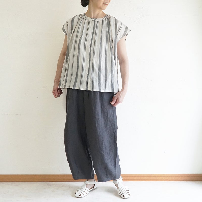 Branch m‘.,ブランチエム,ナチュラル,30代,40代,50代,60代,コーデセット,コーディネートセット,セット売り,ゆったり,コットン,フレンチスリーブブラウス,ブラウス,フレンチスリーブ,ストライプ,ストライプシャツ,ストライプブラウス, ,パンツ,リネン,リネンパンツ,コクーンパンツ,タックパンツ