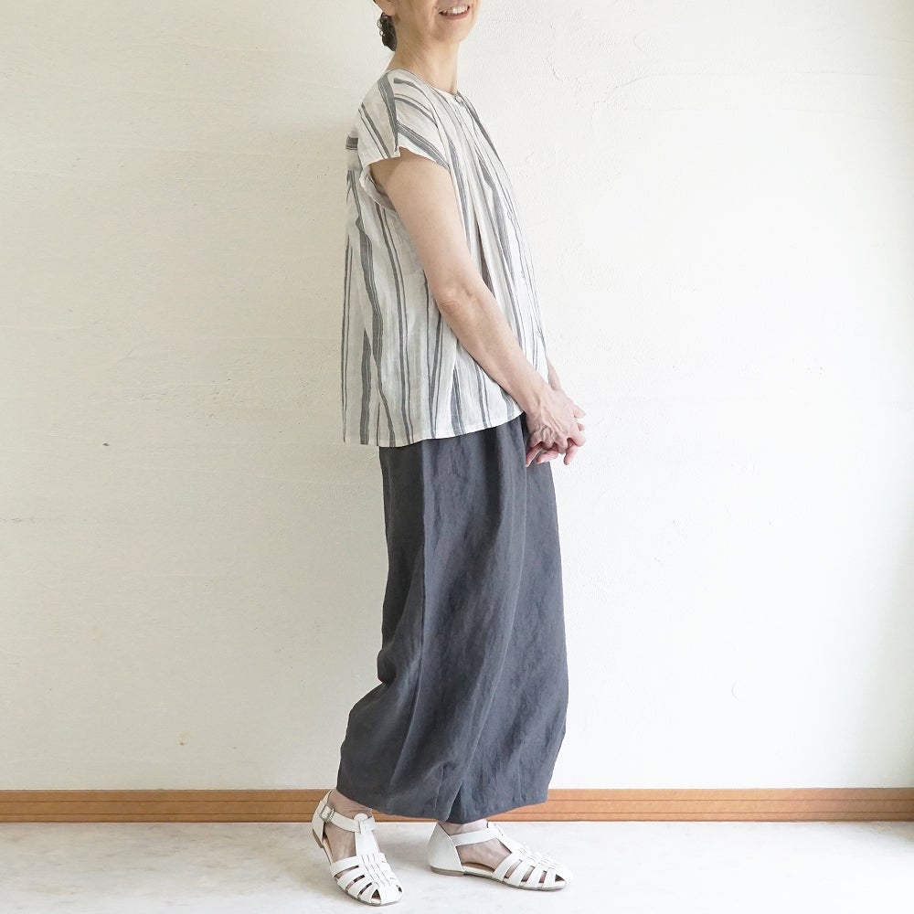 Branch m‘.,ブランチエム,ナチュラル,30代,40代,50代,60代,コーデセット,コーディネートセット,セット売り,ゆったり,コットン,フレンチスリーブブラウス,ブラウス,フレンチスリーブ,ストライプ,ストライプシャツ,ストライプブラウス, ,パンツ,リネン,リネンパンツ,コクーンパンツ,タックパンツ