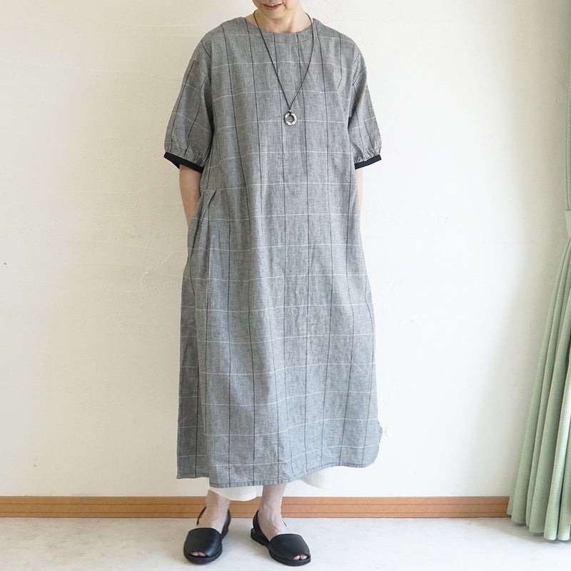 Branch m‘.,ブランチエム,ナチュラル,30代,40代,50代,60代,コットンリネン,ゆったり,ワンピ―ス,2way,2wayワンピース,チェック,チェック柄,チェックワンピース,配色,配色ワンピース