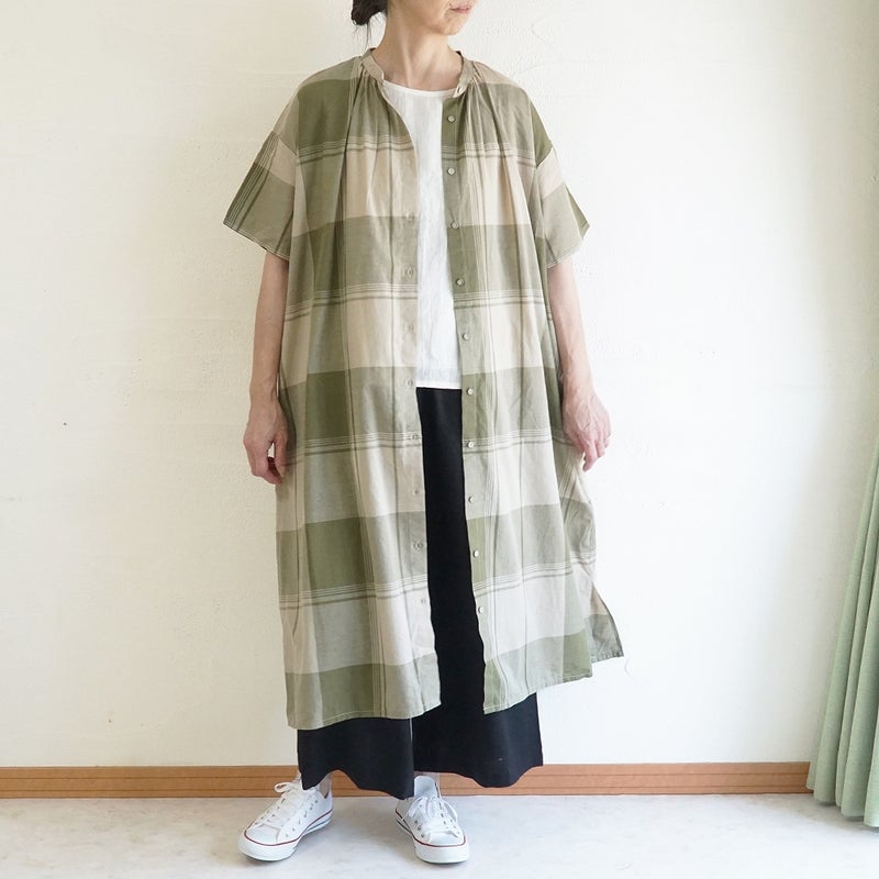 Branch m‘.,ブランチエム,ナチュラル,30代,40代,50代,60代,コットンリネン,ゆったり,ワンピ―ス,チェック柄,チェックワンピース,シャツワンピース