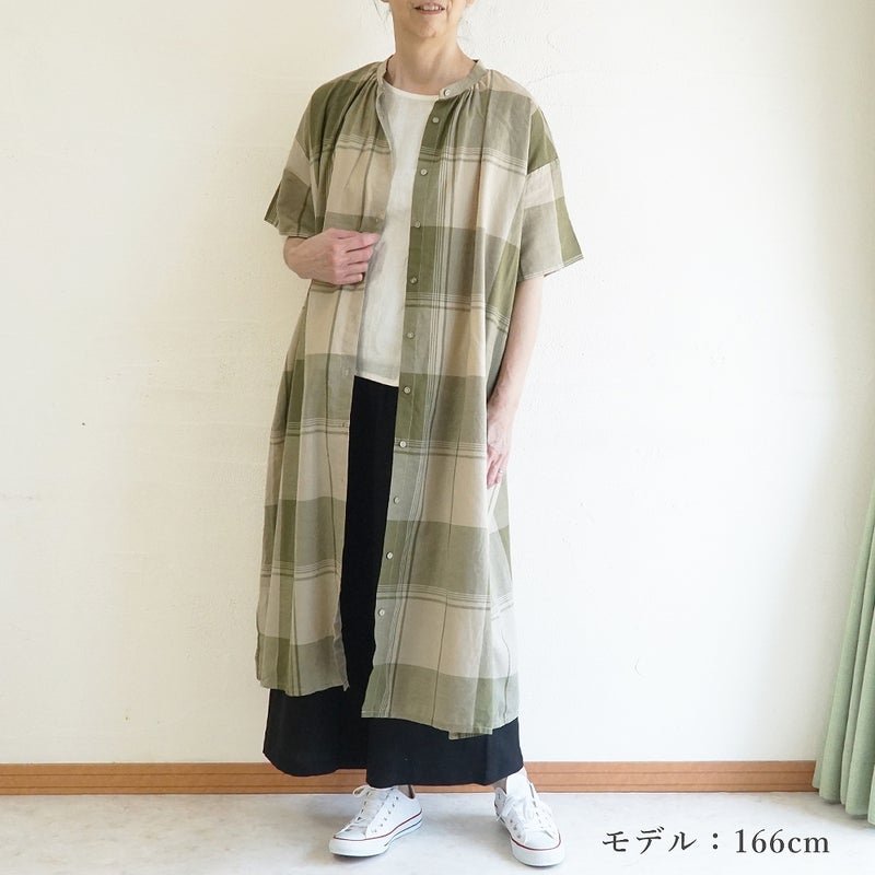 Branch m‘.,ブランチエム,ナチュラル,30代,40代,50代,60代,コットンリネン,ゆったり,ワンピ―ス,チェック柄,チェックワンピース,シャツワンピース
