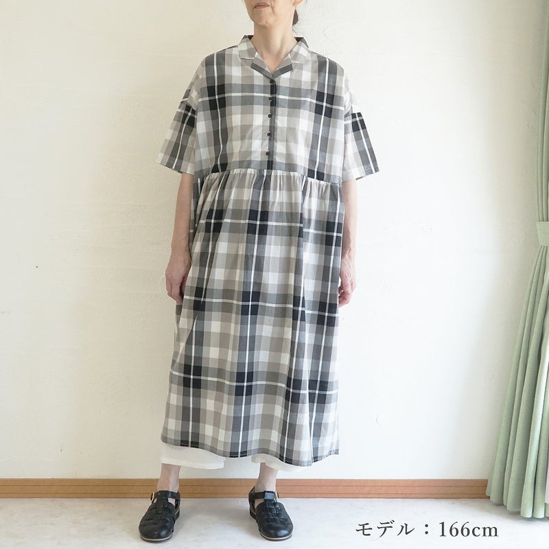 Branch m‘.,ブランチエム,ナチュラル,30代,40代,50代,60代,コットン,綿,ゆったり,ワンピース,開襟ワンピース,フレアワンピース