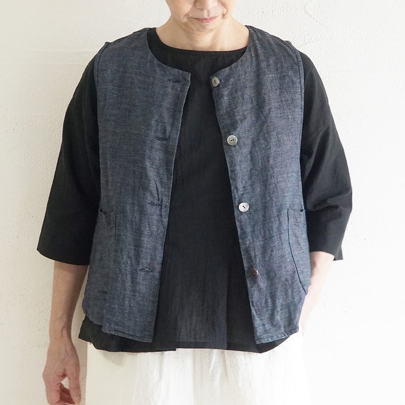 Branch m‘.,ブランチエム,ナチュラル,30代,40代,50代,60代,リネン,ゆったり,麻,ベスト,リネンベスト,デニム,デニムベスト,リネンデニム,