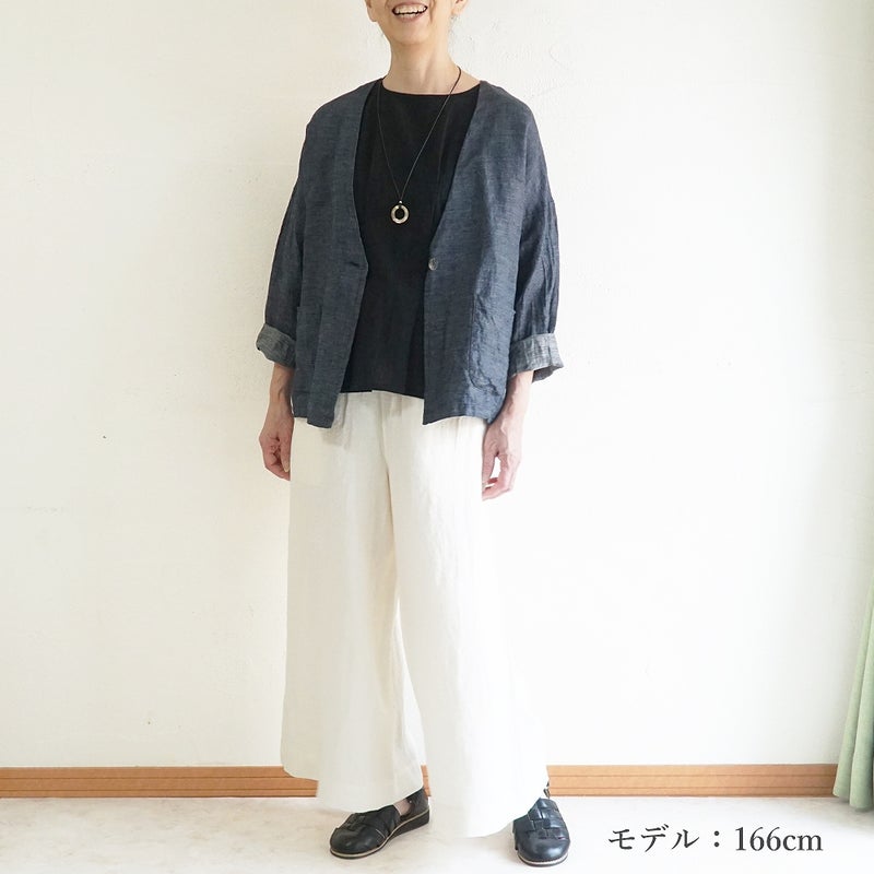 Branch m‘.,ブランチエム,ナチュラル,30代,40代,50代,60代,リネン,ゆったり,麻,ジャケット,リネンジャケット,デニム,デニムｈジャケット,リネンデニム,羽織,Vネック,Vネックジャケット,ライトアウター