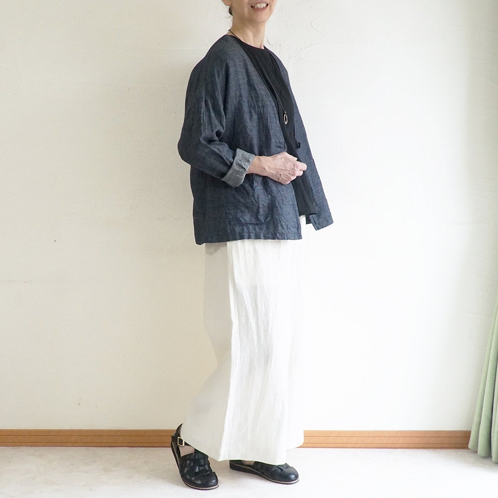 Branch m‘.,ブランチエム,ナチュラル,30代,40代,50代,60代,リネン,ゆったり,麻,ジャケット,リネンジャケット,デニム,デニムｈジャケット,リネンデニム,羽織,Vネック,Vネックジャケット,ライトアウター