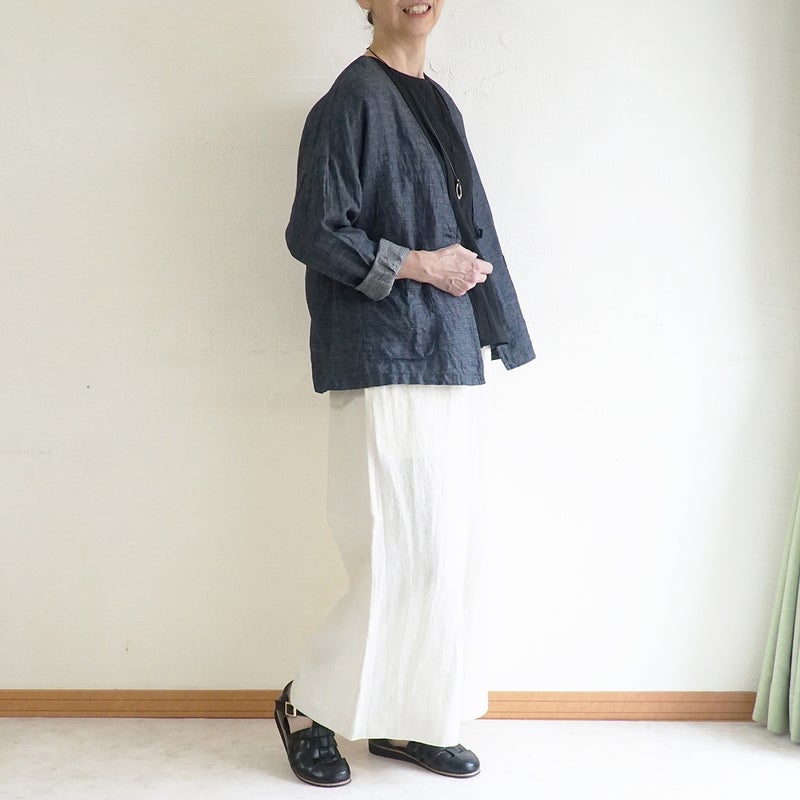 Branch m‘.,ブランチエム,ナチュラル,30代,40代,50代,60代,リネン,ゆったり,麻,ジャケット,リネンジャケット,デニム,デニムｈジャケット,リネンデニム,羽織,Vネック,Vネックジャケット,ライトアウター