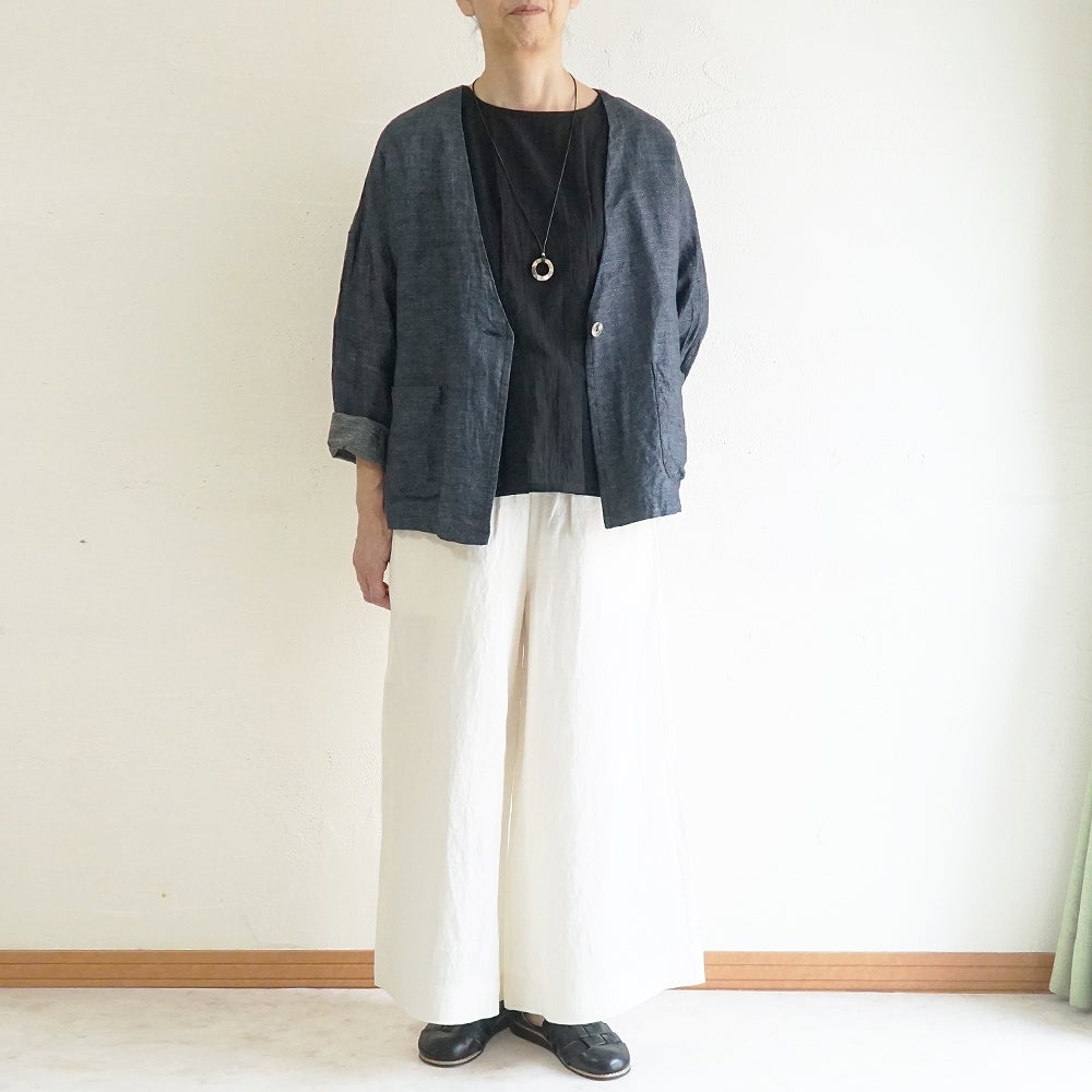 Branch m‘.,ブランチエム,ナチュラル,30代,40代,50代,60代,リネン,ゆったり,麻,ジャケット,リネンジャケット,デニム,デニムｈジャケット,リネンデニム,羽織,Vネック,Vネックジャケット,ライトアウター