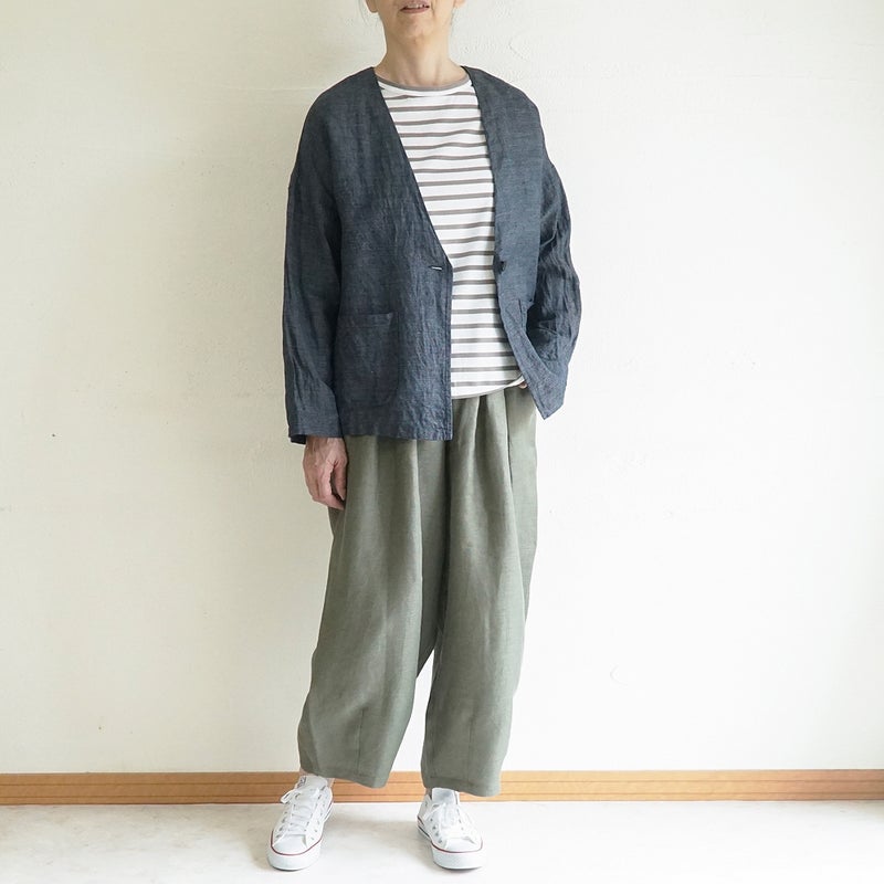 Branch m‘.,ブランチエム,ナチュラル,30代,40代,50代,60代,リネン,ゆったり,麻,ジャケット,リネンジャケット,デニム,デニムｈジャケット,リネンデニム,羽織,Vネック,Vネックジャケット,ライトアウター