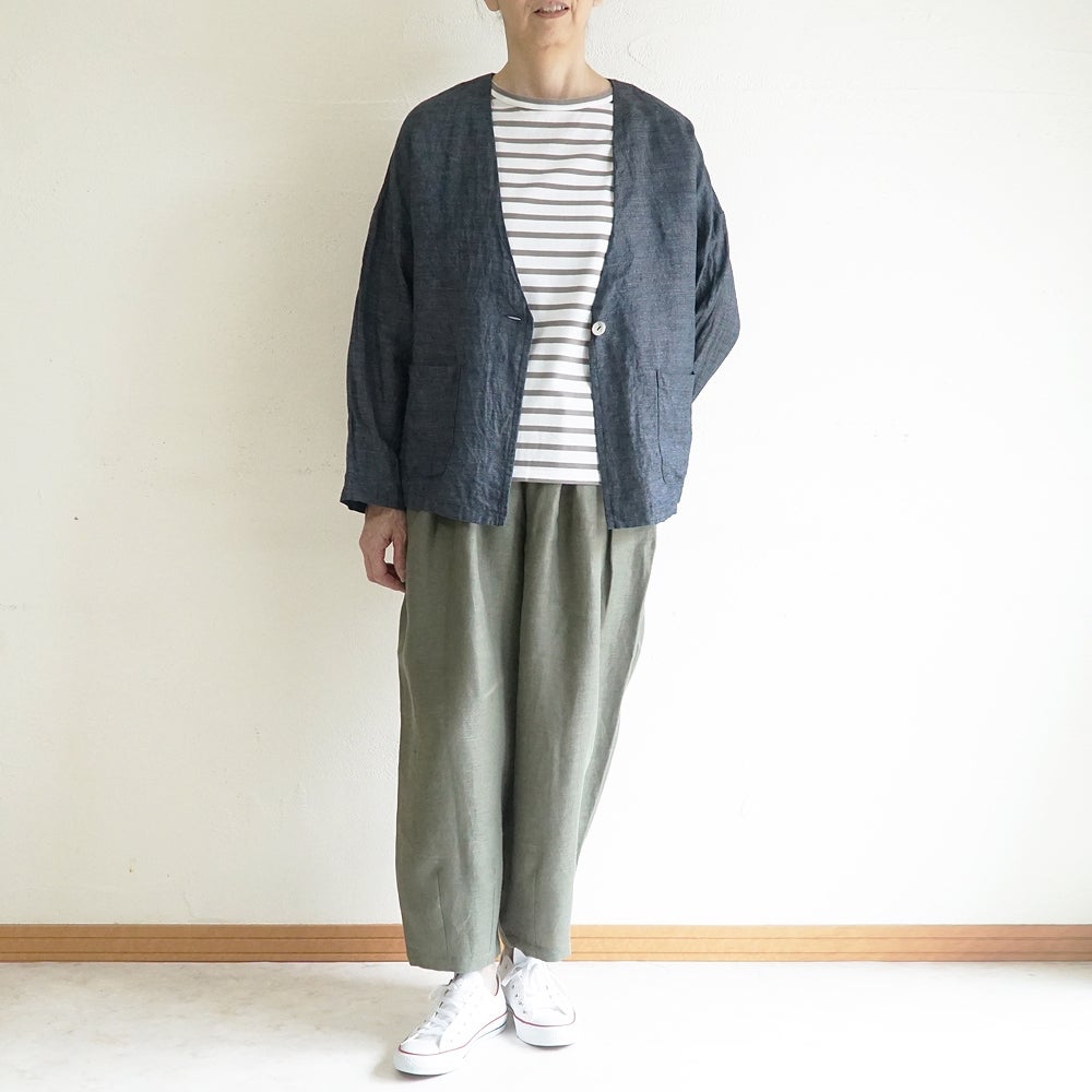 Branch m‘.,ブランチエム,ナチュラル,30代,40代,50代,60代,リネン,ゆったり,麻,ジャケット,リネンジャケット,デニム,デニムｈジャケット,リネンデニム,羽織,Vネック,Vネックジャケット,ライトアウター